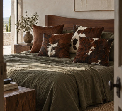 Coussin en peau de vache Cognac dans un intérieur