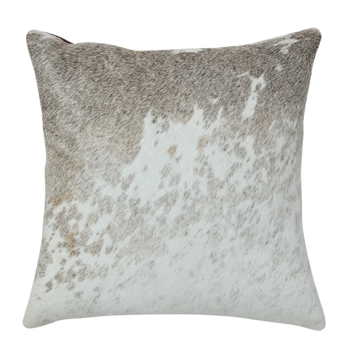 Coussin en peau de vache Brume grise, vue du produit aux tonalités blanc et gris moucheté