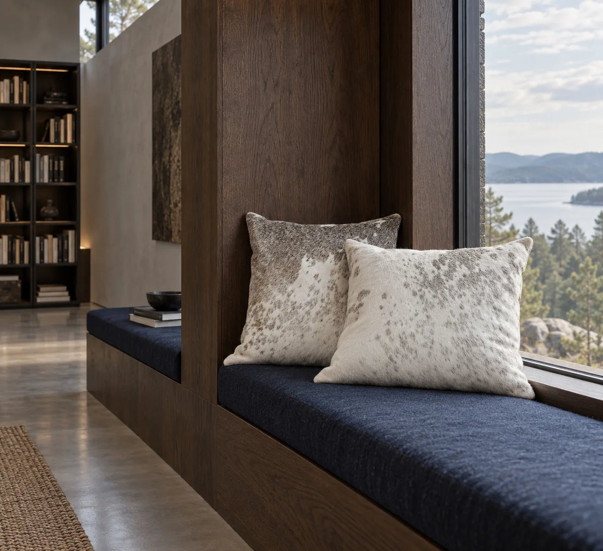 Coussin en peau de vache Brume grise dans un intérieur