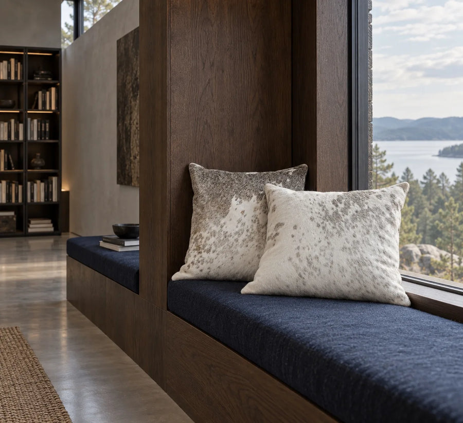 Coussin en peau de vache Brume grise dans un intérieur