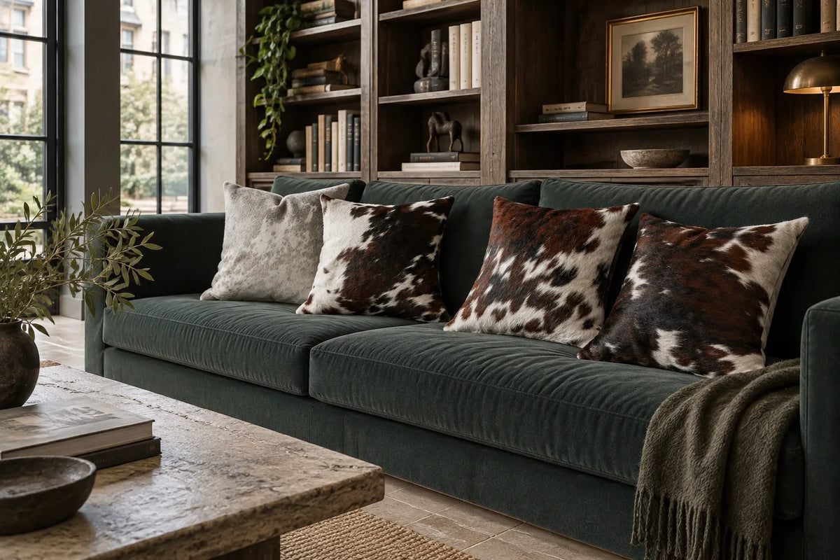 Coussin en peau de vache Brume grise dans un intérieur