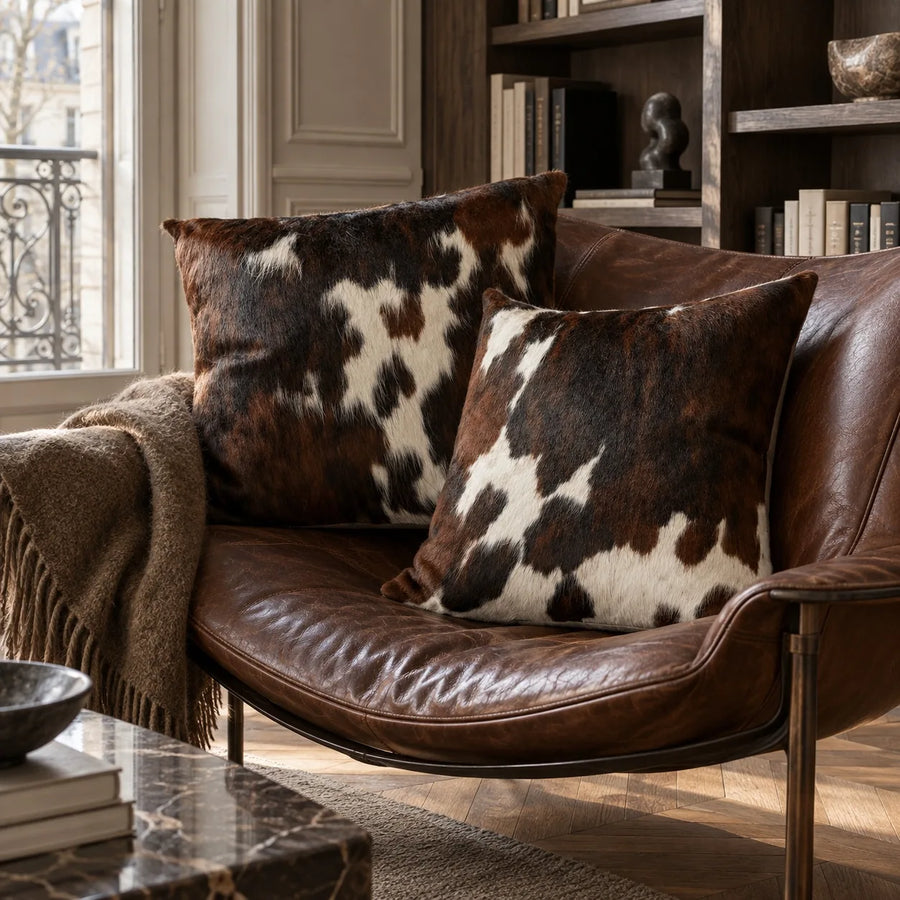 Coussin en peau de vache Éclat blanc dans un intérieur