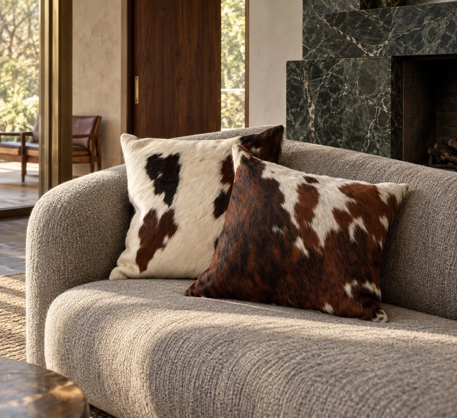 Coussin en peau de vache Terre blanche dans un intérieur