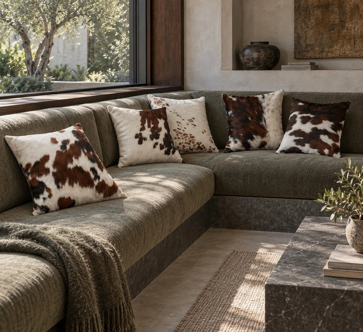 Coussin en peau de vache Sienne claire dans un intérieur