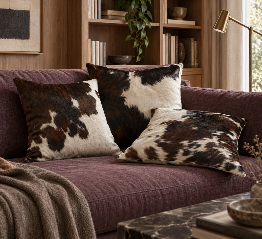 Coussin en peau de vache Braise blanche dans un intérieur