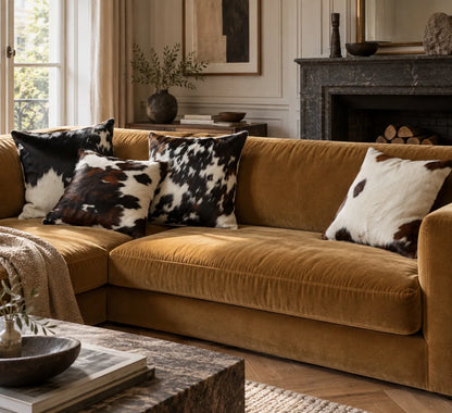 Coussin en peau de vache Ivoire brun dans un intérieur