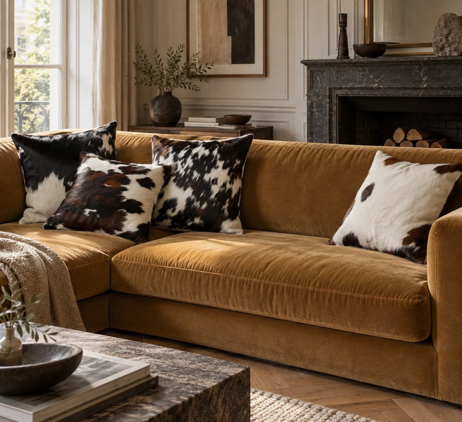 Coussin en peau de vache Ivoire brun dans un intérieur