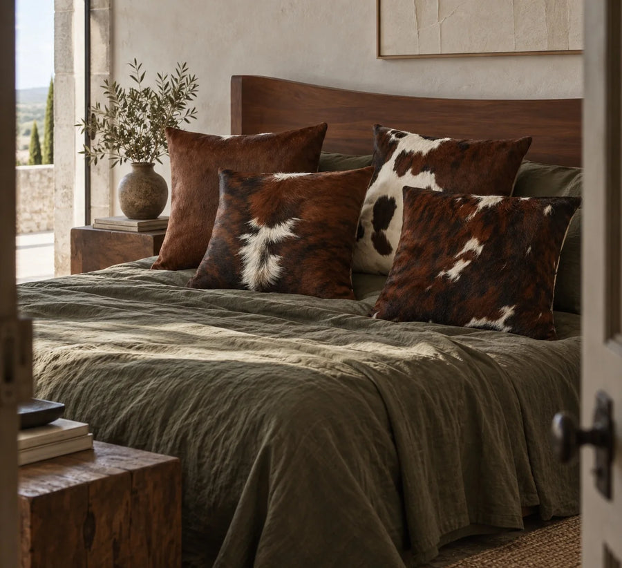 Coussin en peau de vache Flamme dans un intérieur