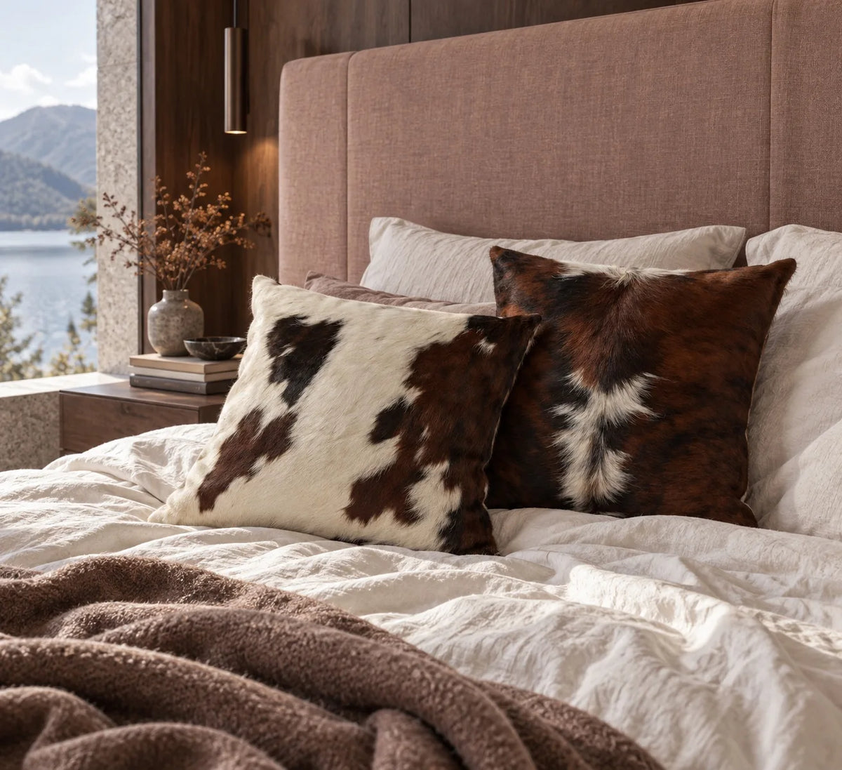 Coussin en peau de vache Flamme dans un intérieur