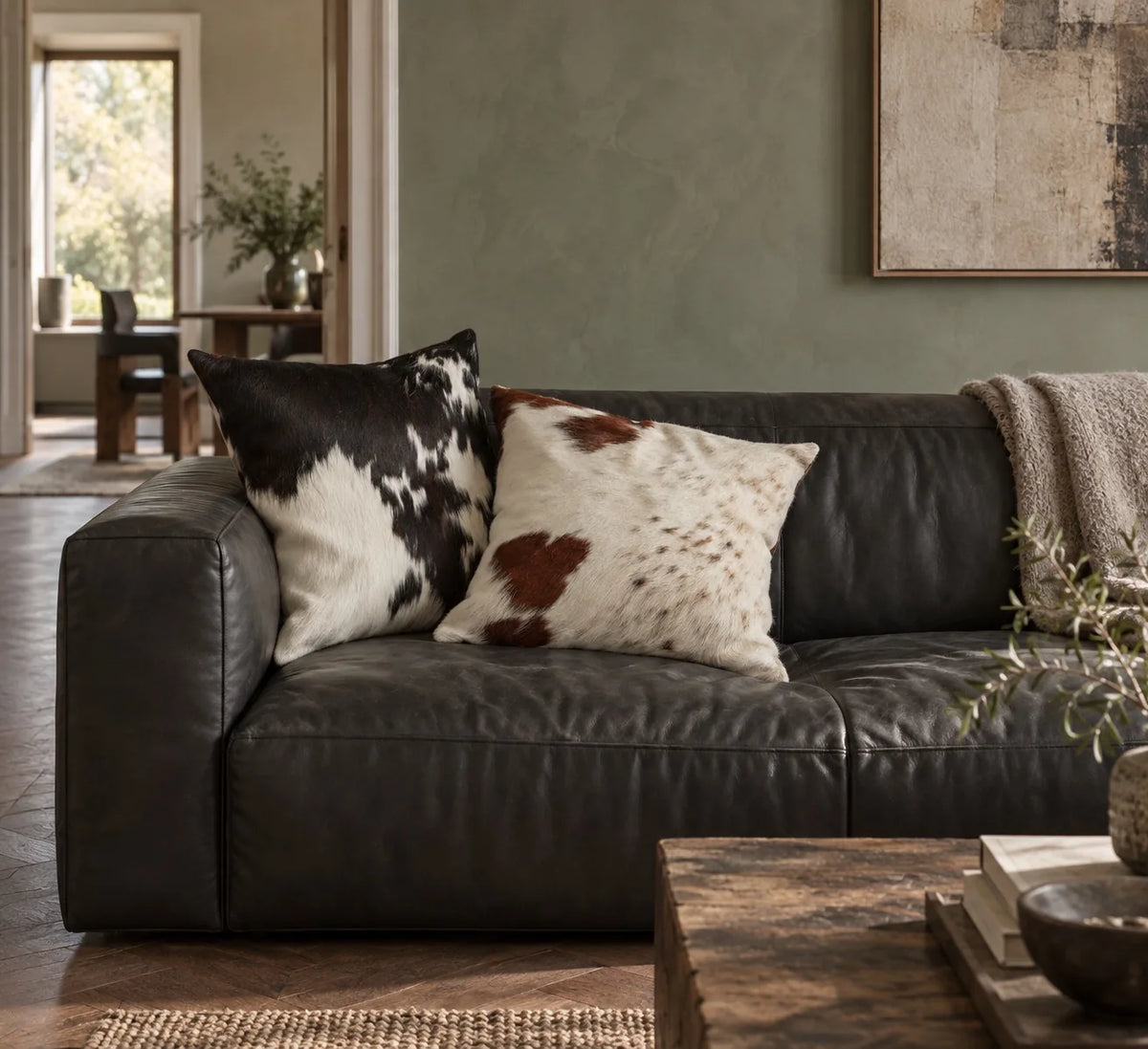 Coussin en peau de vache Brun ponctué dans un intérieur