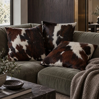 Coussin en peau de vache Encre et ivoire dans un intérieur