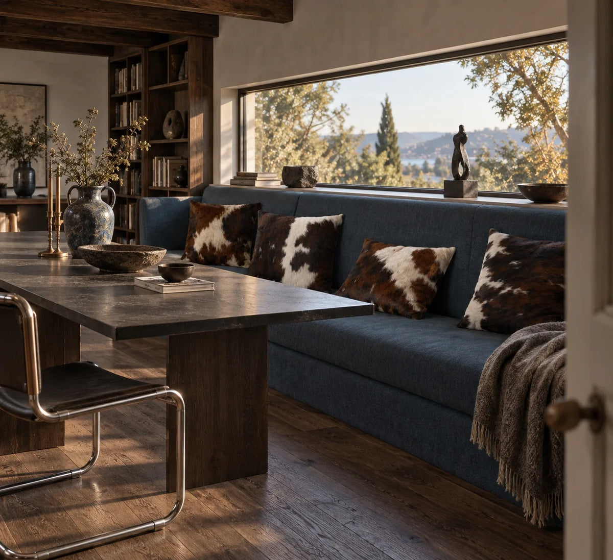 Coussin en peau de vache Encre et ivoire dans un intérieur