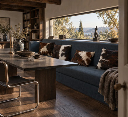 Coussin en peau de vache Encre et ivoire dans un intérieur