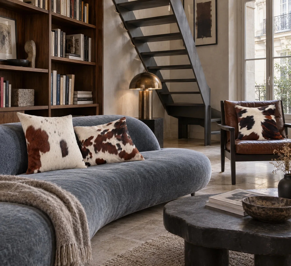 Coussin en peau de vache Contraste fauve dans un intérieur