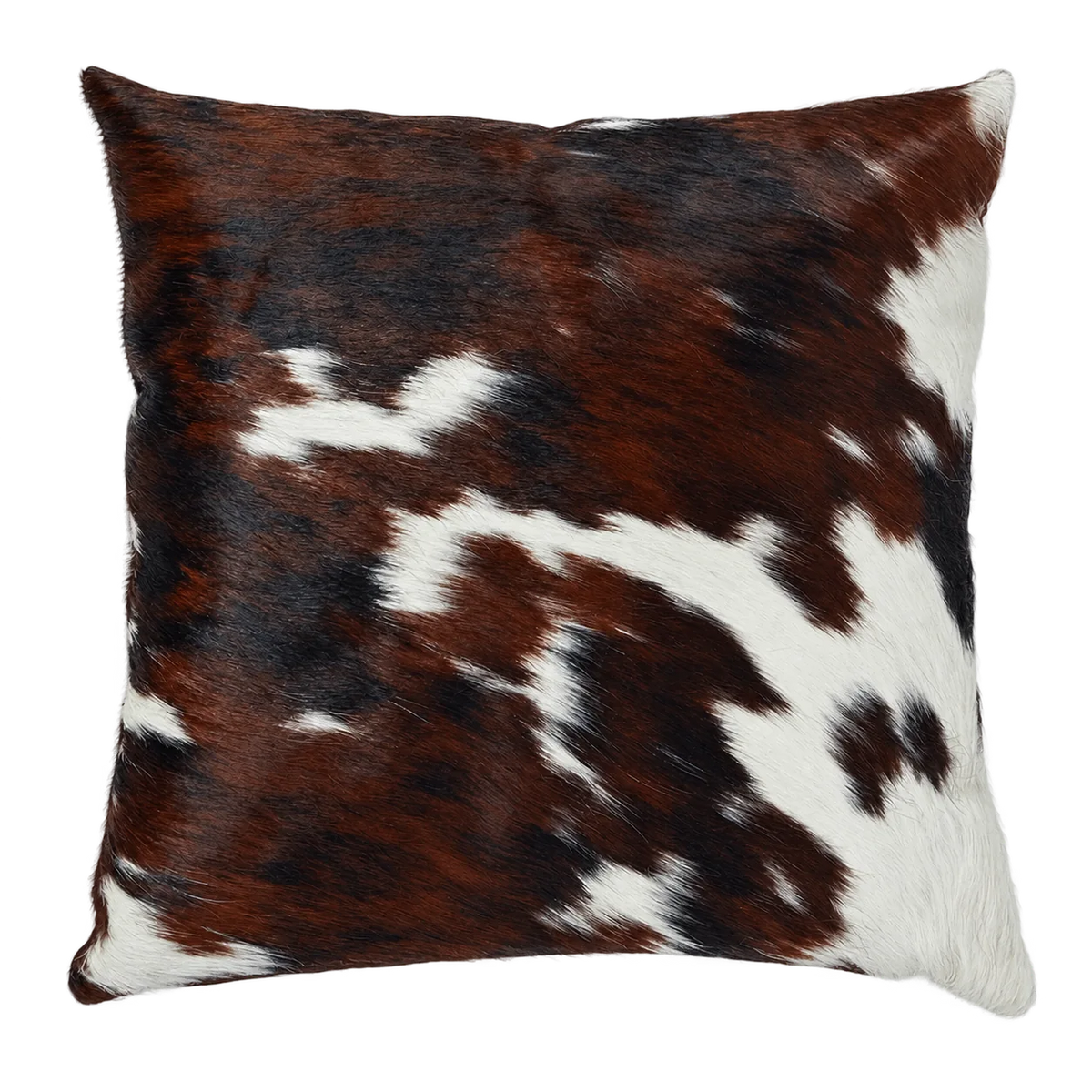 Coussin en peau de vache Tracé blanc, vue du produit aux tonalités brun roux et blanc