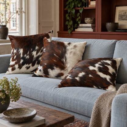 Coussin en peau de vache Châtaigne mouchetée dans un intérieur