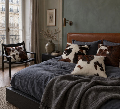 Coussin en peau de vache Châtaigne mouchetée dans un intérieur
