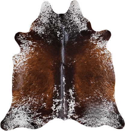 Peau de vache Cacao moucheté, vue du produit aux tonalités brun foncé et blanc moucheté