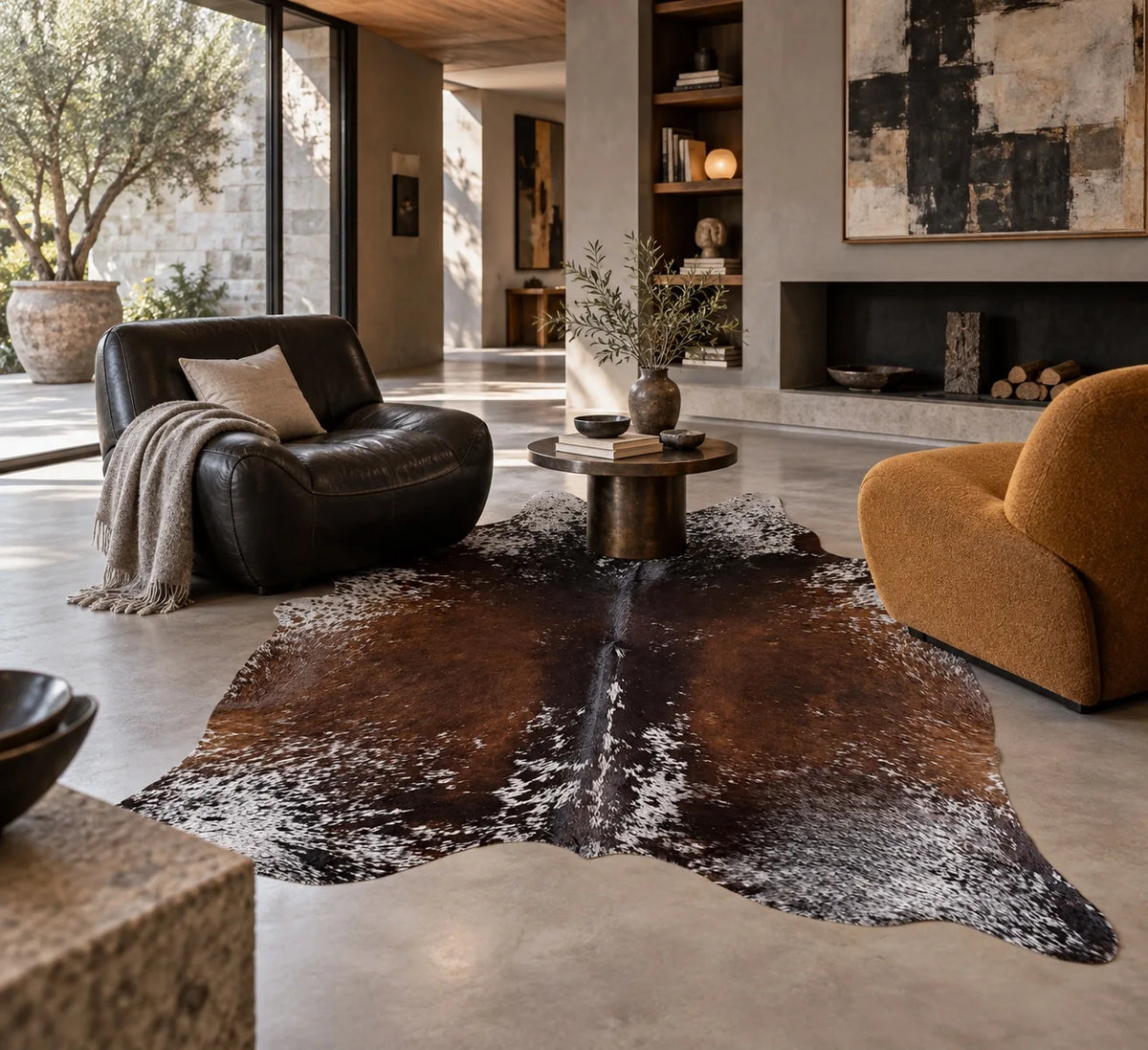 Peau de vache Cacao moucheté dans un intérieur