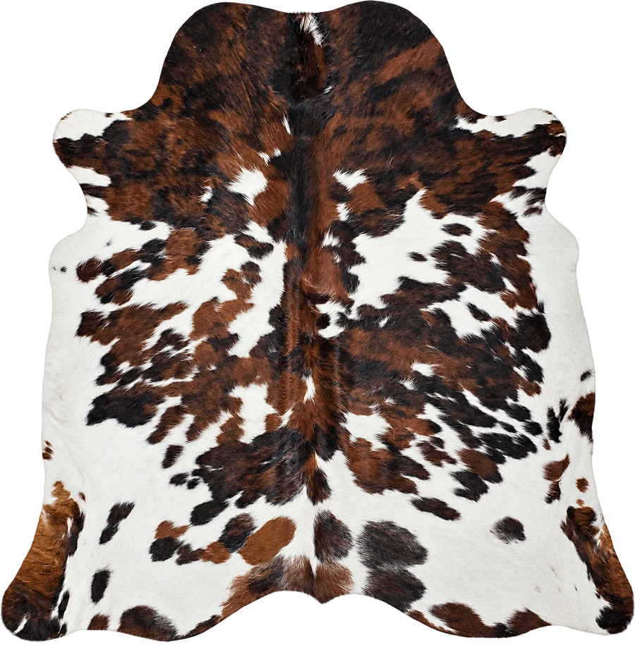 Peau de vache Éclats bruns, vue du produit aux tonalités blanc, brun et roux