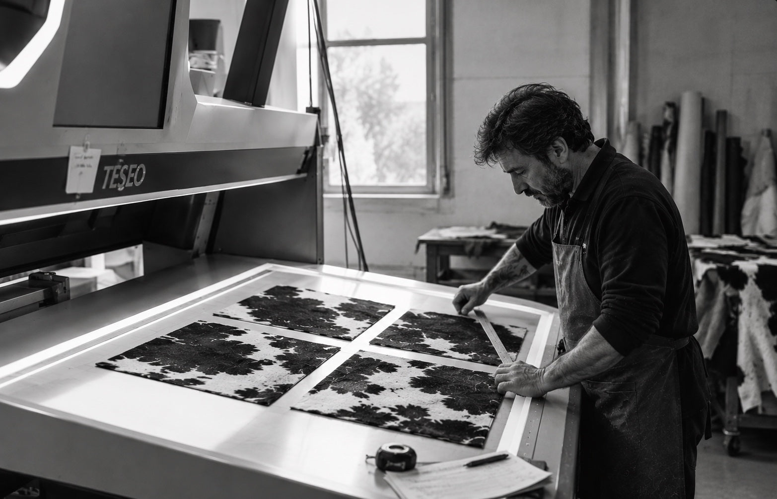 Personne observant des panneaux de peau sur une table de travail, photographie éditoriale en noir et blanc