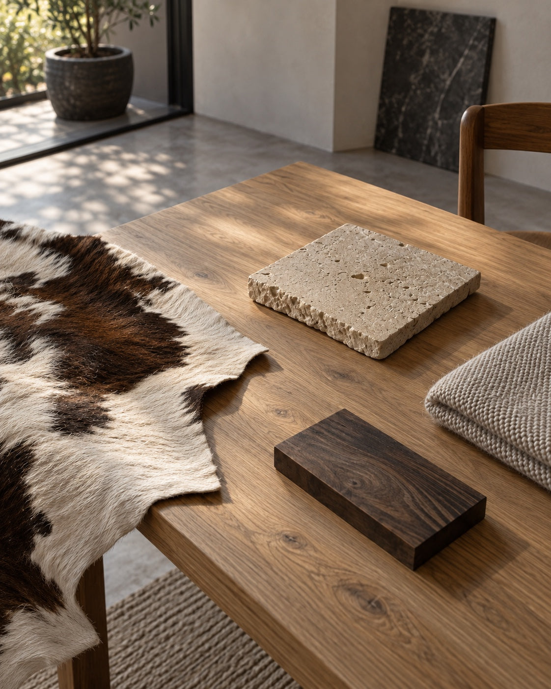 Fragment de peau de vache, pierre, bois et textile réunis sur une table