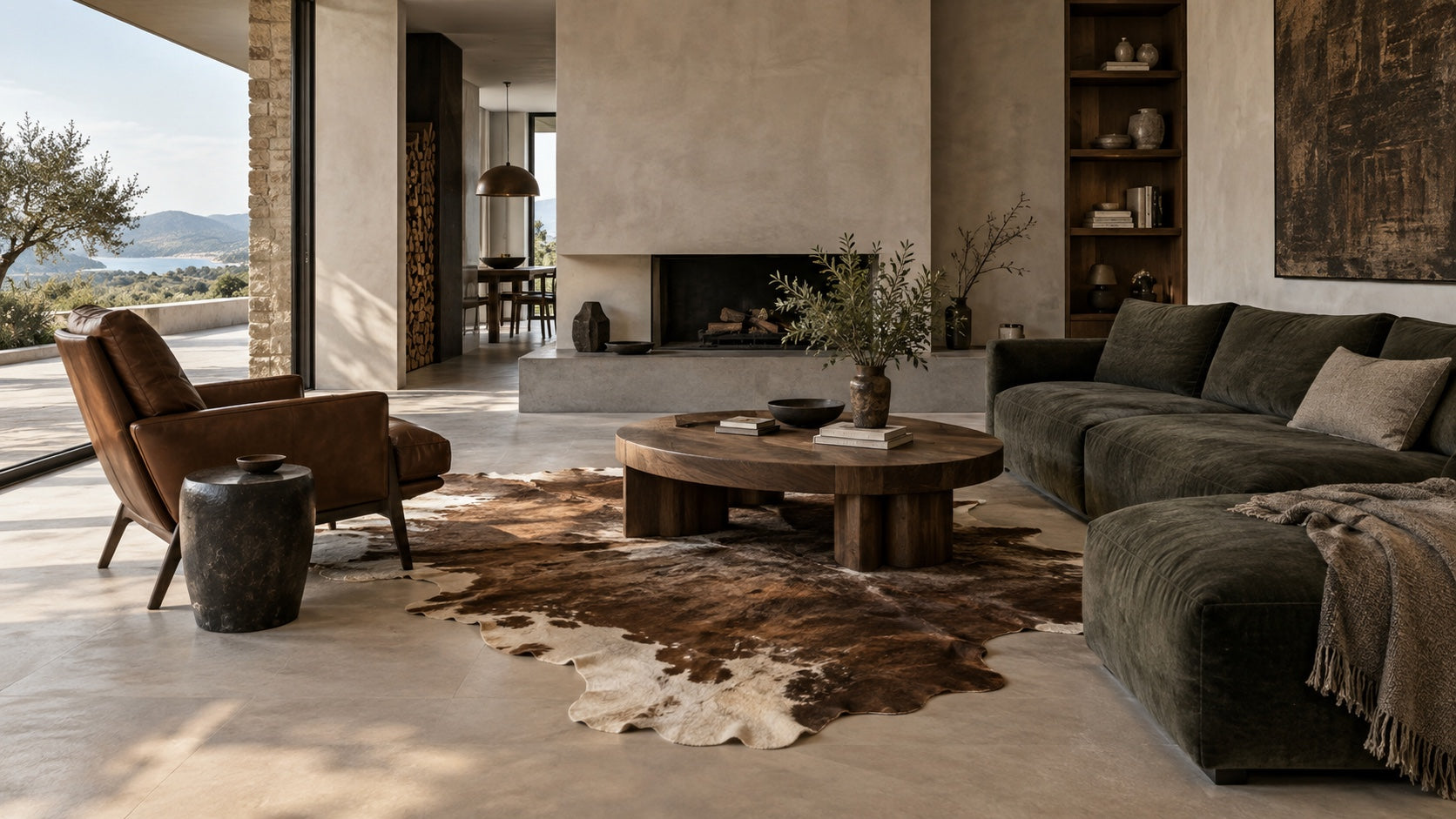 Peau de vache naturelle dans un intérieur contemporain avec canapé, fauteuil et table basse
