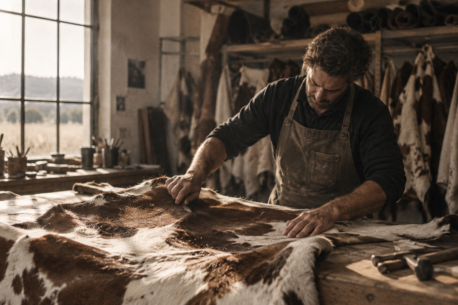 Une personne examine une peau de vache naturelle sur une table